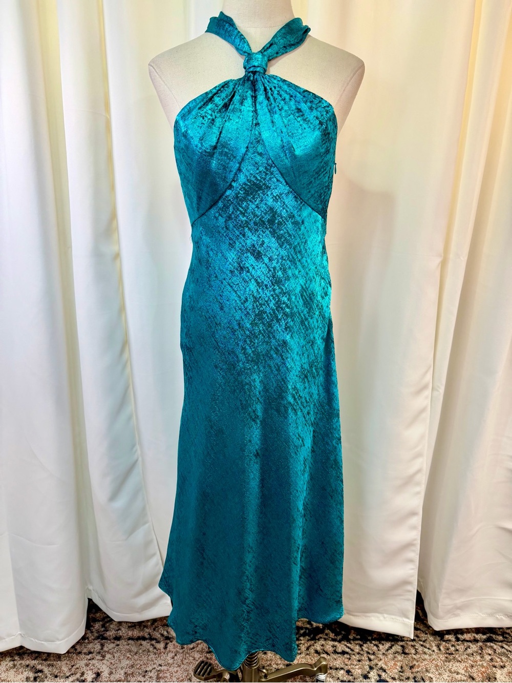 NWT Liv Foster ‘Foil Chiffon Halter Midi Dress’ in “Jade” Turquoise Size 4